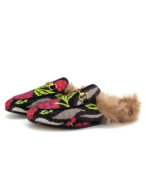 Gucci Tapestry Brocade Fur Lined Princetown Mules Slip On Flats 36.5
